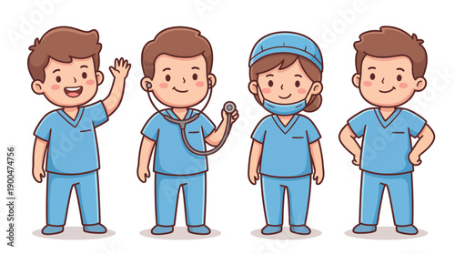 surgeon in blue scrubs cute cartoon vector set , isolate on a white background. SVG and PNG
