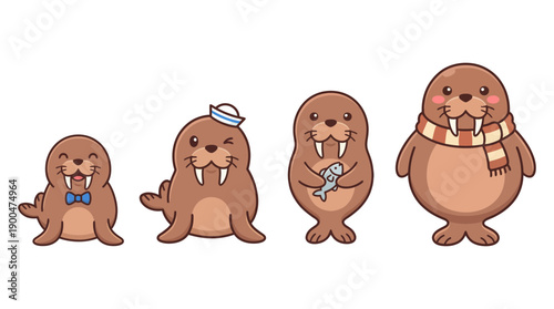 walrus cute cartoon vector set , isolate on a white background. SVG and PNG