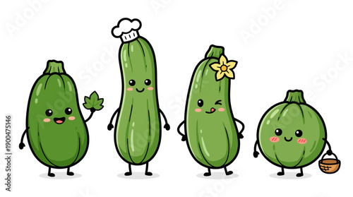 zucchini cute cartoon vector set , isolate on a white background. SVG and PNG