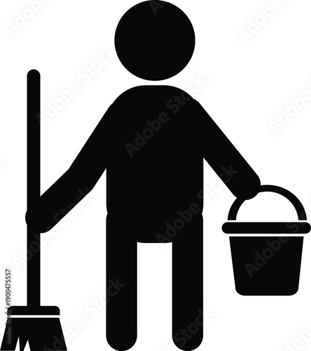 Janitor icon. Bucket and broom for cleaning and hygiene sign. Janitor symbol. flat style.