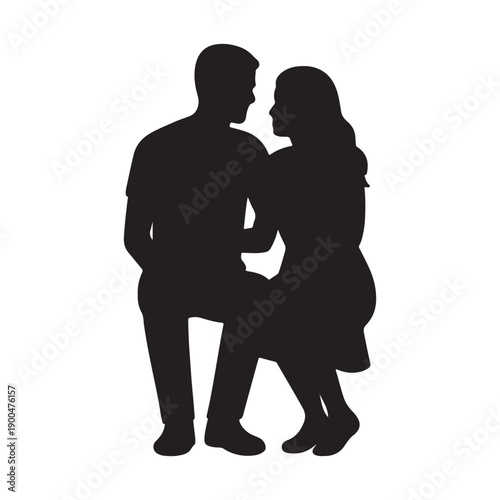 Silhouette of couple in intimate pose – standing partner leaning toward seated partner, love and closeness vector
