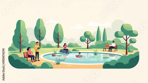 People relax in a serene park with a pond, trees, and lush greenery