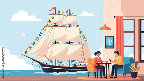 People relax indoors by a table while a large sailing ship passes by