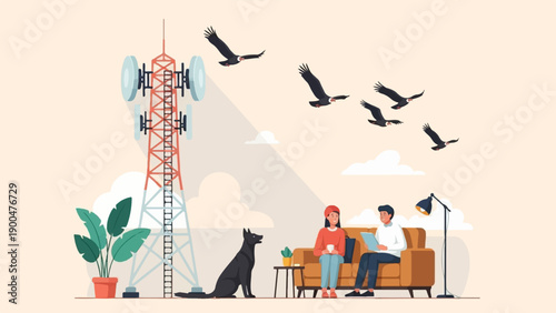 People relax indoors near cell tower while birds fly overhead