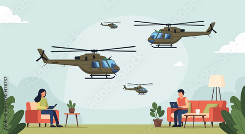 People relax indoors while military helicopters fly overhead