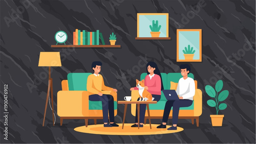 People relax on a sofa with a dog, coffee, and laptop