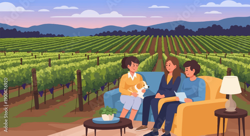 People relax on couches in a vineyard with their dog