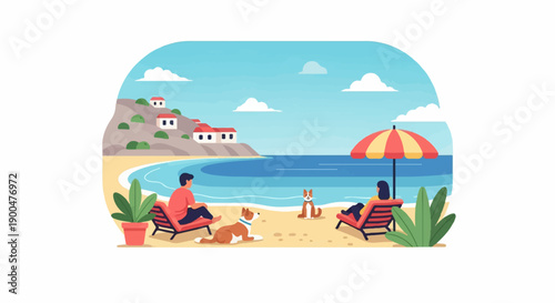 People relax with dogs on a sandy beach near the ocean, with homes on a hill