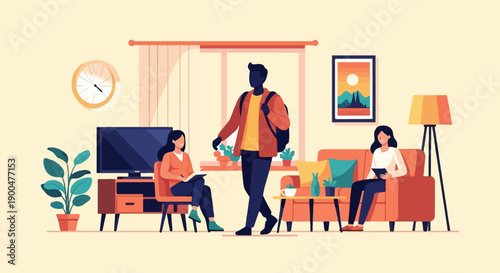 People relaxing in a living room with a television, plants, and art