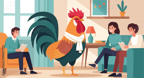 People relaxing in a room with a rooster and a plant