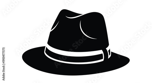 A classic fedora hat depicted in stark black silhouette
