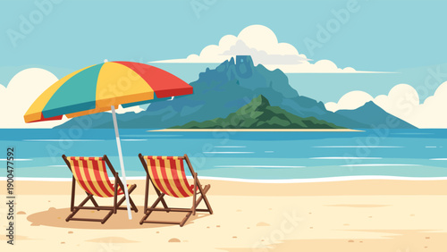 Peaceful beach with colorful striped chairs and umbrella overlooking calm blue sea and massive green mountains on tropical island.