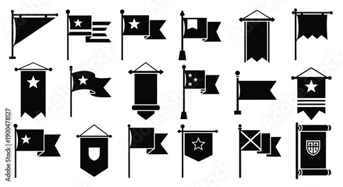 Collection of various national flags depicted in black silhouette