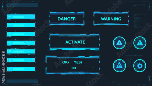 Futuristic user interface elements with warning and activation buttons