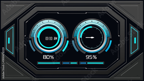 Futuristic interface display with circular gauges and digital information