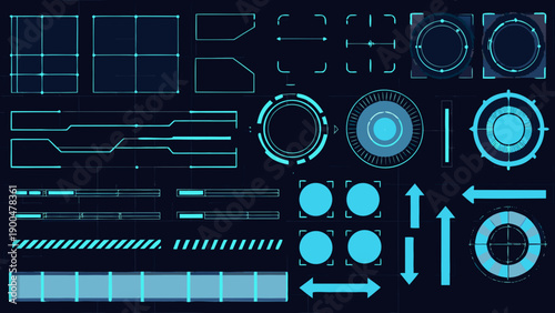 Futuristic user interface elements with glowing blue lines on dark background