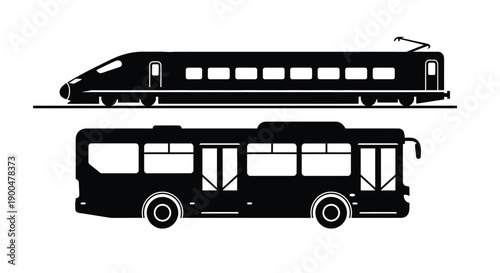 Black train and bus graphic presented as a distinct silhouette