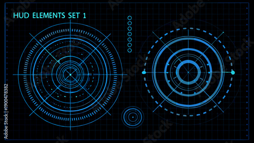 Futuristic hud elements set on a dark grid background