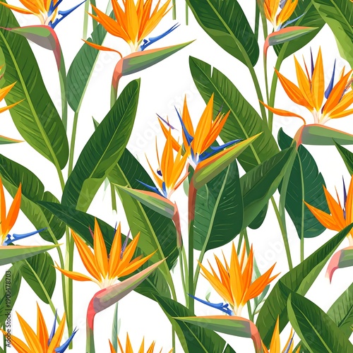 A vibrant, seamless botanical pattern featuring tropical flowers with striking orange and blue blooms, and lush green leaves against a white backdrop