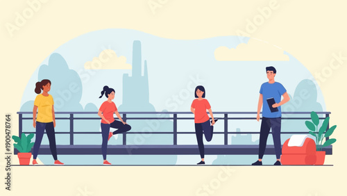 People stretching and holding tablet on a balcony with cityscape background