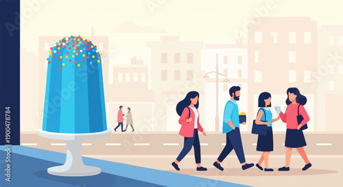 People stroll past a giant dessert in a modern city