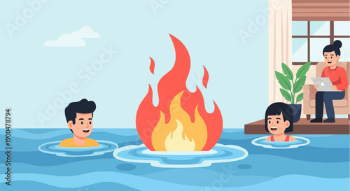 People swim in water with a fire in the middle, while one works on laptop