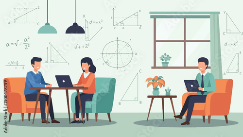 People studying math with laptops and diagrams in a room