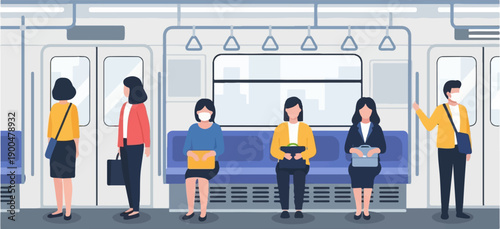 People wearing masks ride a train, some sit and some stand