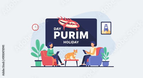 People with dog and plants celebrate Purim holiday indoors