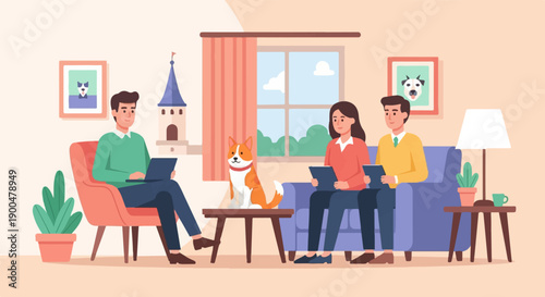 People with dog in living room using laptops and tablets