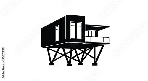 Modern architectural design of a house on stilts black silhouette