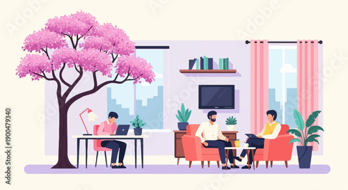 People work and relax in a bright, modern room with a blooming tree