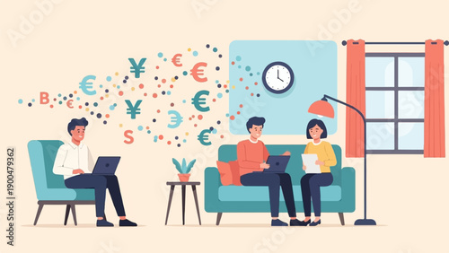 People work and discuss finances in a cozy room with currency symbols floating