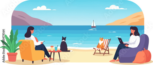 People work and relax on a beach with dogs and a sailboat offshore