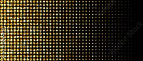 Golden color halftone gradient. Abstract gold dotted pattern background. Pop art comic glitter backdrop texture. Yellow confetti wallpaper for banner, poster, flyer, party decor, presentation. Vector