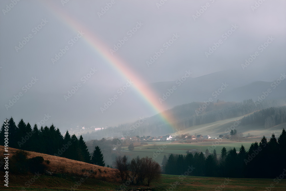 Fototapeta premium Rainbow arching over misty landscape with hills and trees 