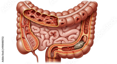 Anatomical illustration of the human colon with diverticula and fecal impaction Keywords: colon, large intestine, anatomy, human body, digestive system, diverticulitis, diverticulum, diverticula