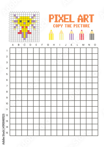 Copy the picture grid drawing worksheet for kids. Pixel art axolotl