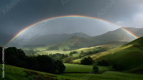 Vibrant rainbow arching over lush green hills under dramatic skies  