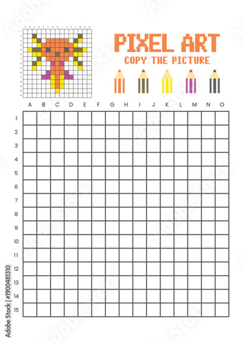 Copy the picture grid drawing worksheet for kids. Pixel art axolotl