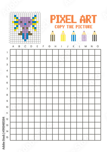 Copy the picture grid drawing worksheet for kids. Pixel art axolotl