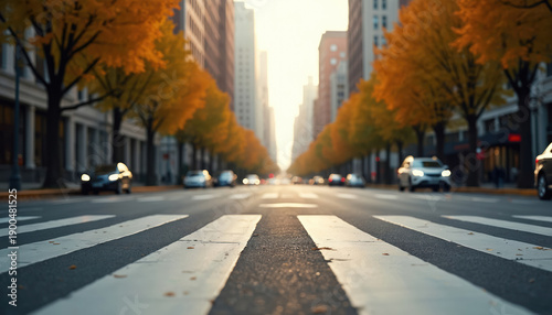 City street perspective showing pedestrian crosswalk in autumn. Cars drive on asphalt road lined with yellow trees and tall buildings. Warm sunlight illuminates urban scene.