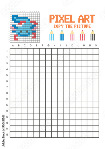 Copy the picture grid drawing worksheet for kids. Pixel art axolotl