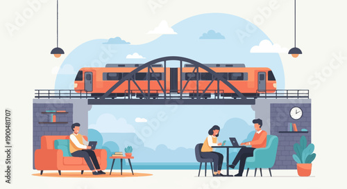 People working and relaxing below a train on a bridge