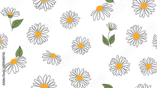 Charming seamless pattern features a delicate scattering of white daisy flowers with bright yellow centers and subtle green leaves on a crisp white background.