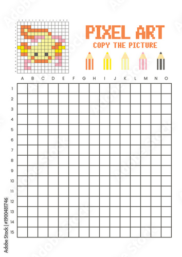 Copy the picture grid drawing worksheet for kids. Pixel art axolotl