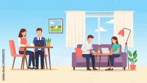 People working and relaxing in a modern living room