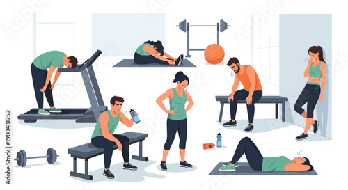 Exhausted People Resting After Intense Workout Session at the Gym