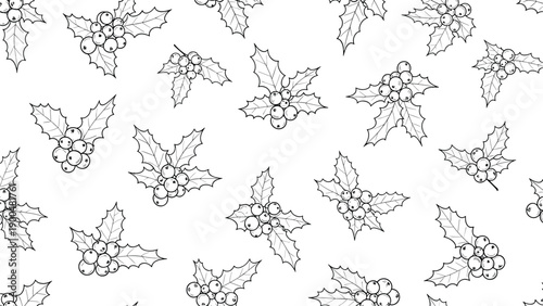 Traditional Christmas seamless pattern features detailed black and white outline illustrations of festive holly berries and thorny leaves.