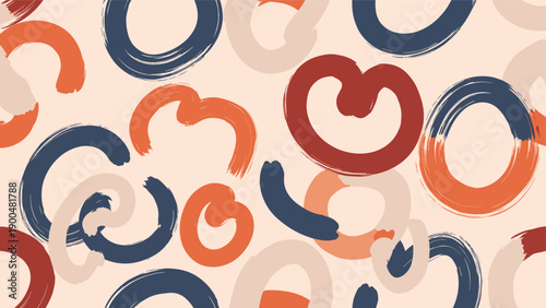 Abstract seamless pattern with expressive brush stroke circles and fluid curves in a warm palette of earthy tones on a cream background.